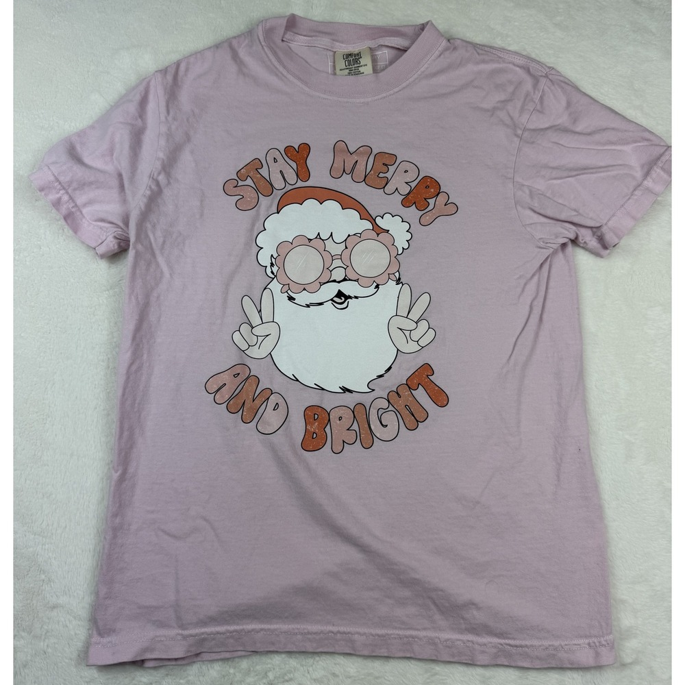 Comfort Colors Santa Stay Merry and Bright Lavender Pink Graphic Tee Small